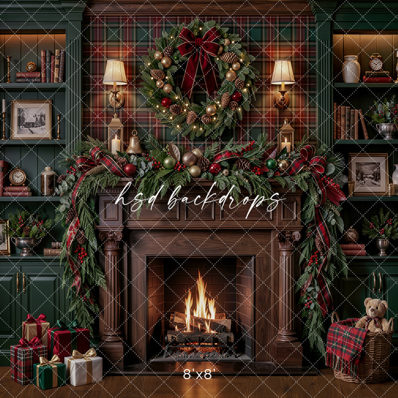 Plaid Christmas Library Fireplace Photography Backdrop – Cozy Holiday Study Scene | HSD Backdrops
