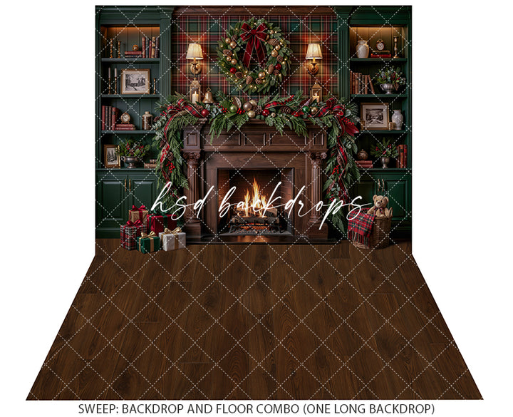 Plaid Christmas Library Fireplace Photography Backdrop – Cozy Holiday Study Scene | HSD Backdrops
