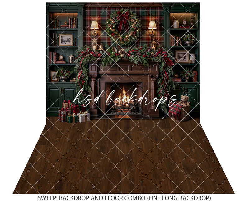 Plaid Christmas Library Fireplace Photography Backdrop – Cozy Holiday Study Scene | HSD Backdrops