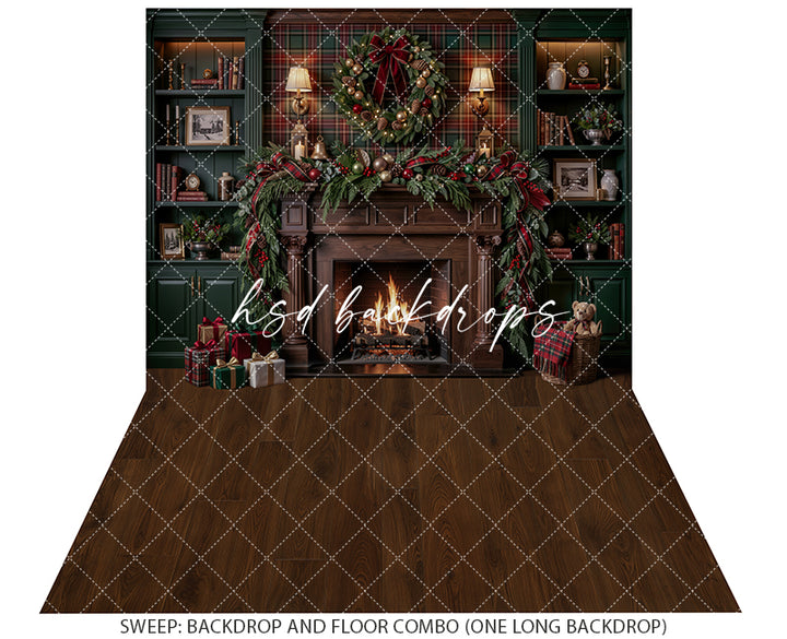 Plaid Christmas Library Fireplace Photography Backdrop – Cozy Holiday Study Scene | HSD Backdrops