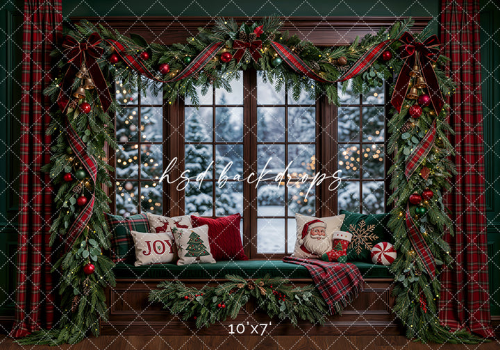 Joyful Plaid Christmas Window Photography Backdrop – Cozy Winter View | HSD Backdrops