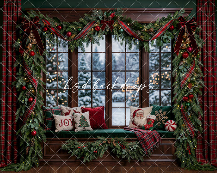 Joyful Plaid Christmas Window Photography Backdrop – Cozy Winter View | HSD Backdrops