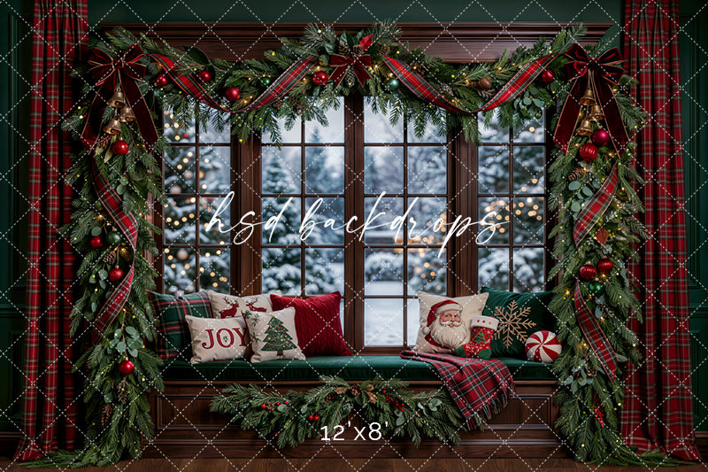 Joyful Plaid Christmas Window Photography Backdrop – Cozy Winter View | HSD Backdrops