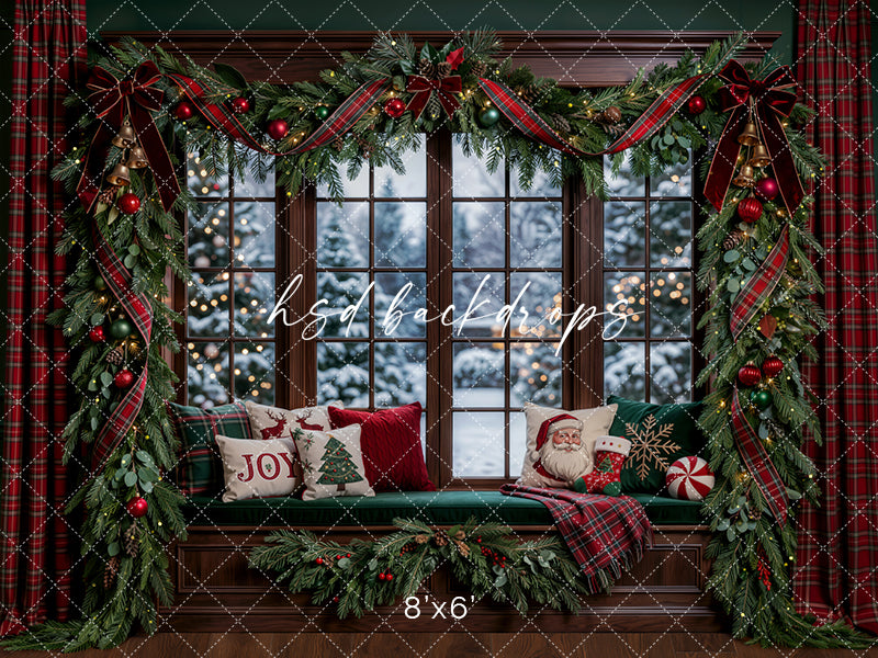 Joyful Plaid Christmas Window Photography Backdrop – Cozy Winter View | HSD Backdrops