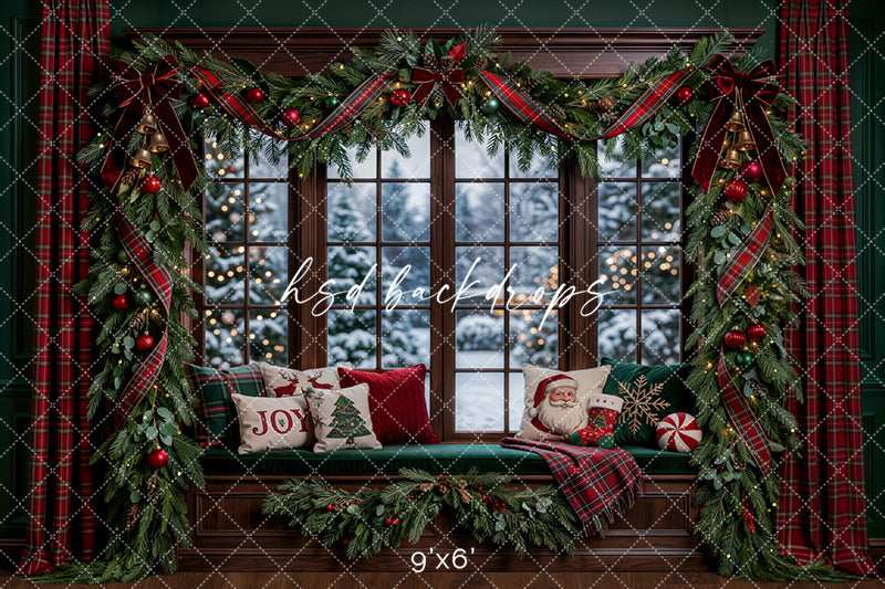 Joyful Plaid Christmas Window Photography Backdrop – Cozy Winter View | HSD Backdrops
