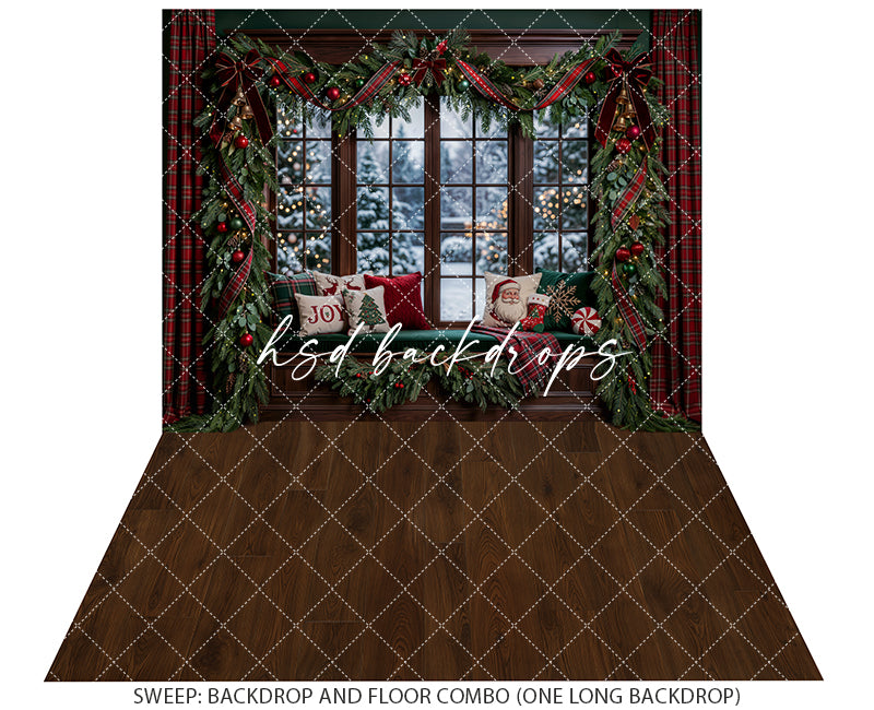 Joyful Plaid Christmas Window Photography Backdrop – Cozy Winter View | HSD Backdrops