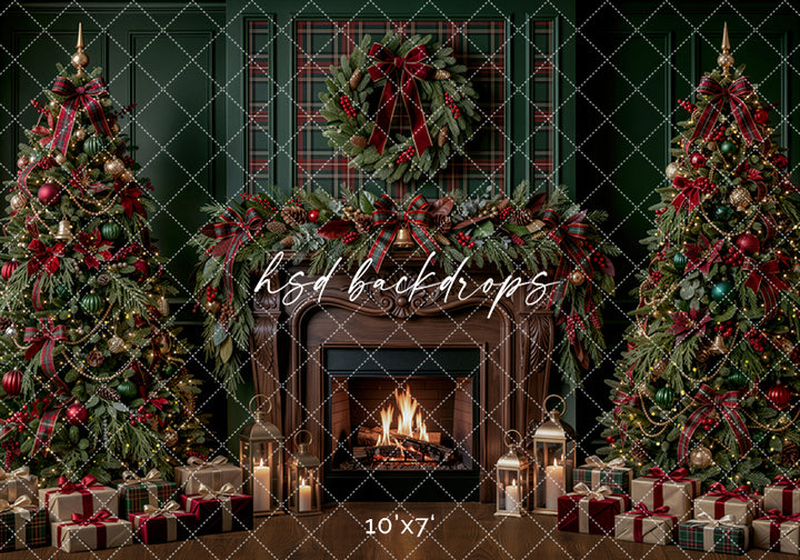Plaid Evergreen Fireplace Photography Backdrop – Classic Christmas Room Scene | HSD Backdrops