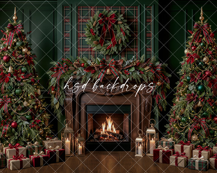 Plaid Evergreen Fireplace Photography Backdrop – Classic Christmas Room Scene | HSD Backdrops