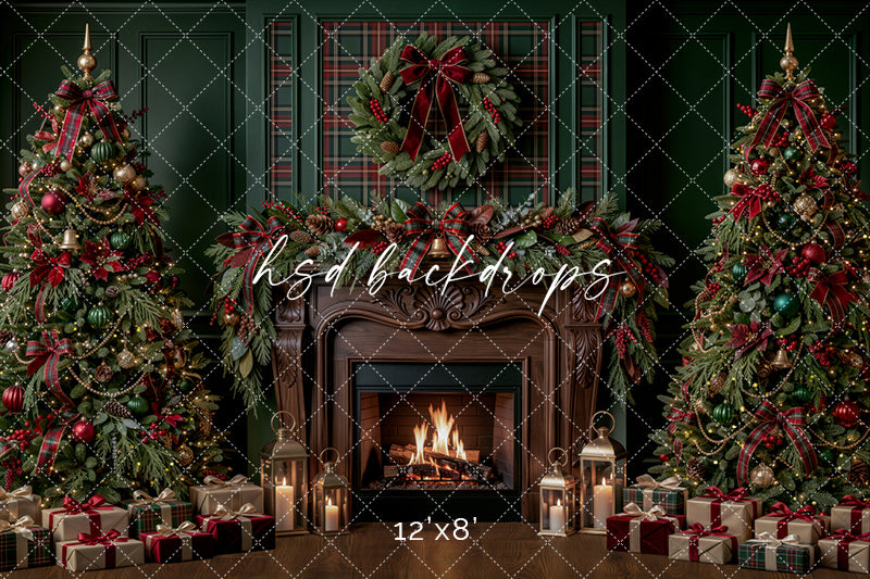 Plaid Evergreen Fireplace Photography Backdrop – Classic Christmas Room Scene | HSD Backdrops