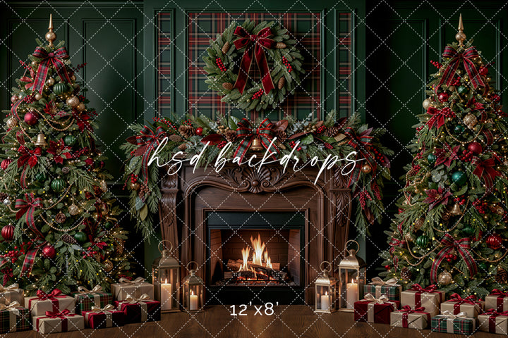 Plaid Evergreen Fireplace Photography Backdrop – Classic Christmas Room Scene | HSD Backdrops