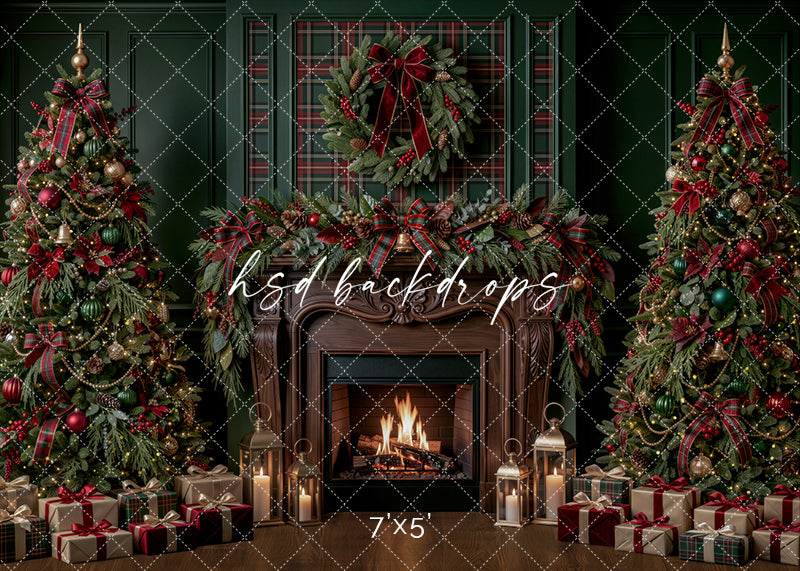 Plaid Evergreen Fireplace Christmas photography backdrop with deep green paneled walls, tartan plaid accents, glowing fireplace, decorated Christmas trees, evergreen garland, burgundy bows, lanterns, wrapped gifts, and classic holiday room styling.