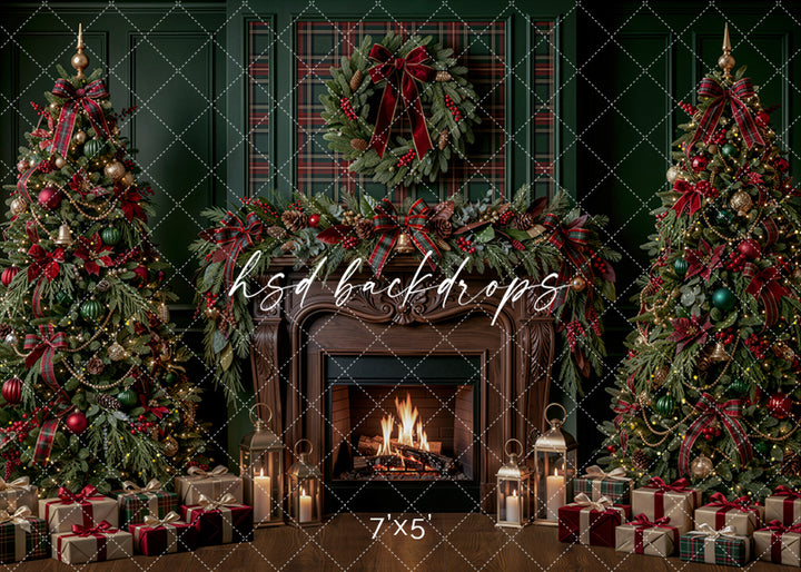 Plaid Evergreen Fireplace Christmas photography backdrop with deep green paneled walls, tartan plaid accents, glowing fireplace, decorated Christmas trees, evergreen garland, burgundy bows, lanterns, wrapped gifts, and classic holiday room styling.
