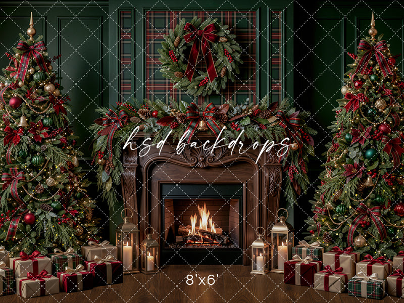 Plaid Evergreen Fireplace Photography Backdrop – Classic Christmas Room Scene | HSD Backdrops