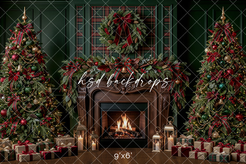 Plaid Evergreen Fireplace Photography Backdrop – Classic Christmas Room Scene | HSD Backdrops