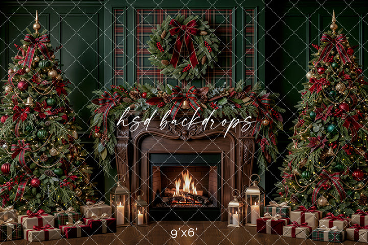 Plaid Evergreen Fireplace Photography Backdrop – Classic Christmas Room Scene | HSD Backdrops