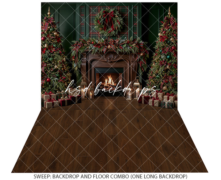 Plaid Evergreen Fireplace Photography Backdrop – Classic Christmas Room Scene | HSD Backdrops