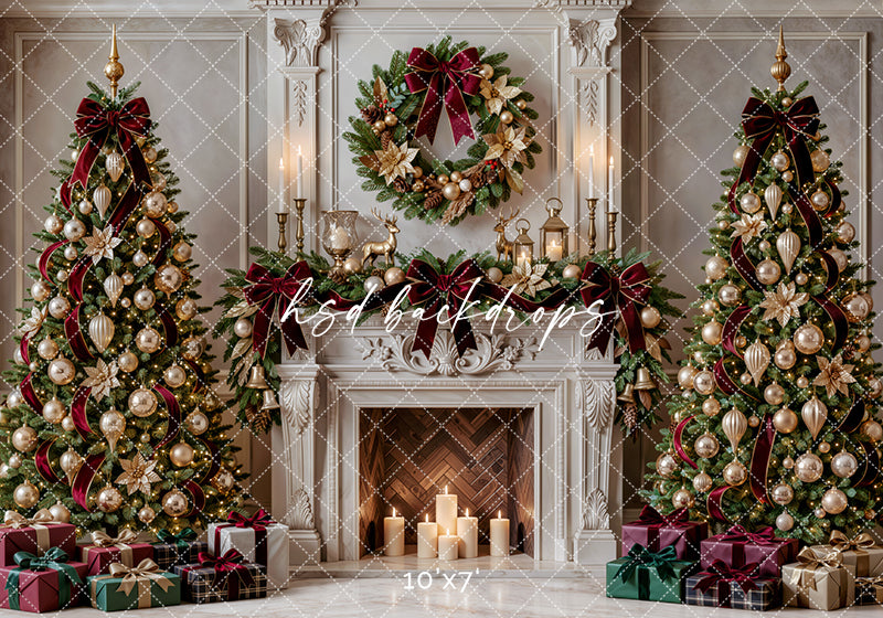 Gilded Poinsettia Christmas Fireplace Photography Backdrop – Elegant Holiday Room Scene | HSD Backdrops