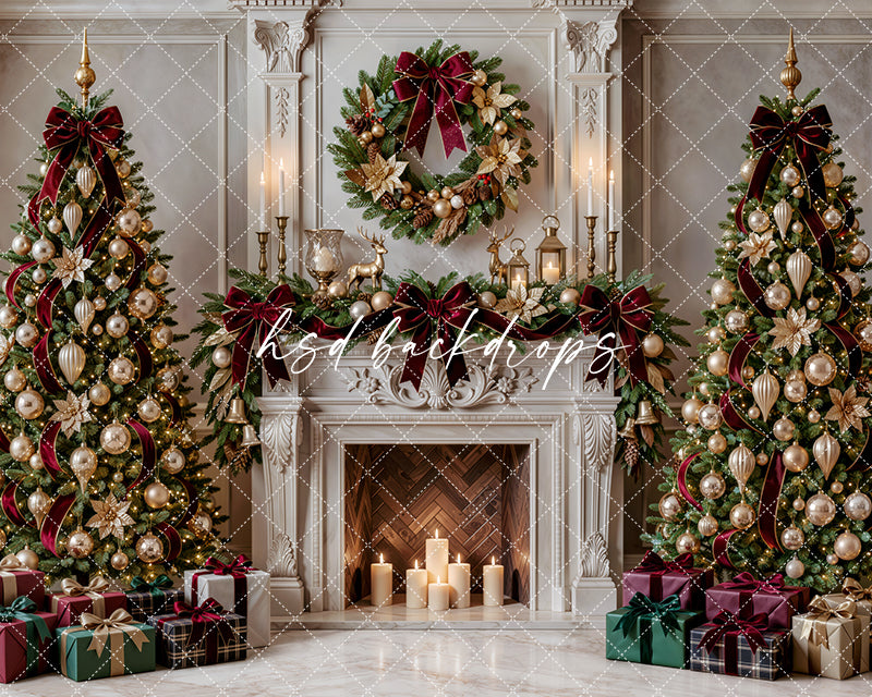 Gilded Poinsettia Christmas Fireplace Photography Backdrop – Elegant Holiday Room Scene | HSD Backdrops