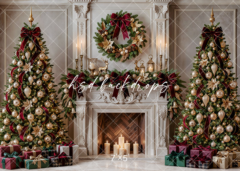 Gilded Poinsettia Christmas Fireplace photography backdrop with ornate ivory fireplace, candlelight, decorated Christmas trees, evergreen wreath, burgundy ribbons, champagne ornaments, wrapped gifts, and elegant holiday room styling.
