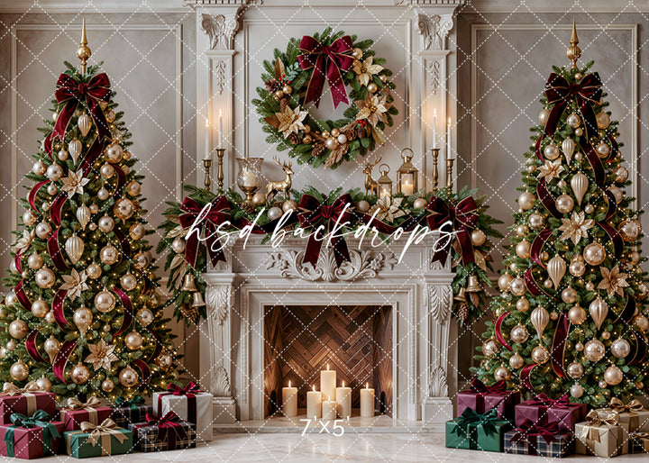 Gilded Poinsettia Christmas Fireplace photography backdrop with ornate ivory fireplace, candlelight, decorated Christmas trees, evergreen wreath, burgundy ribbons, champagne ornaments, wrapped gifts, and elegant holiday room styling.