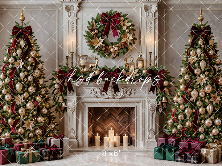 Gilded Poinsettia Christmas Fireplace Photography Backdrop – Elegant Holiday Room Scene | HSD Backdrops