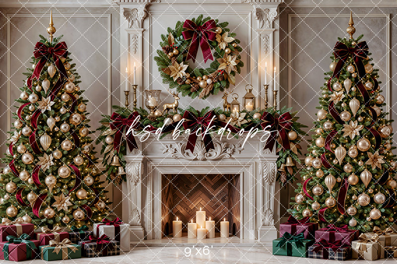 Gilded Poinsettia Christmas Fireplace Photography Backdrop – Elegant Holiday Room Scene | HSD Backdrops