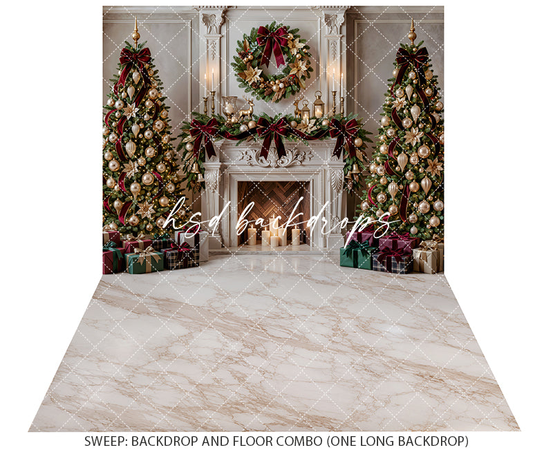 Gilded Poinsettia Christmas Fireplace Photography Backdrop – Elegant Holiday Room Scene | HSD Backdrops
