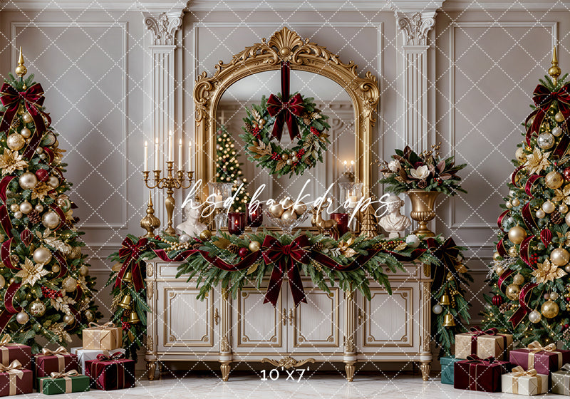 Gilded Christmas Console Photography Backdrop – Elegant Holiday Room Scene | HSD Backdrops