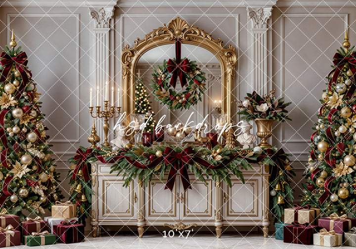 Gilded Christmas Console Photography Backdrop – Elegant Holiday Room Scene | HSD Backdrops