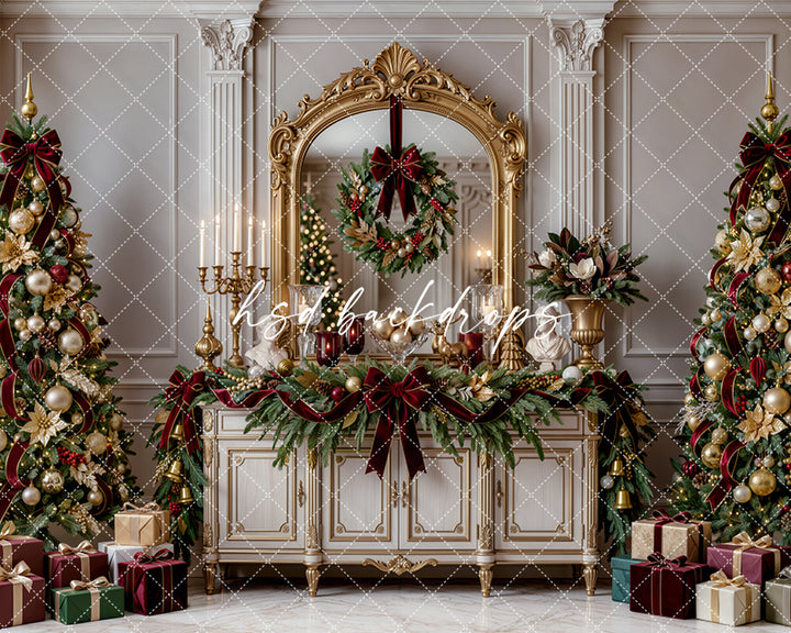 Gilded Christmas Console Photography Backdrop – Elegant Holiday Room Scene | HSD Backdrops