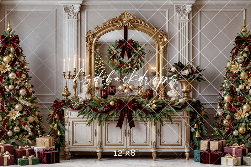 Gilded Christmas Console Photography Backdrop – Elegant Holiday Room Scene | HSD Backdrops