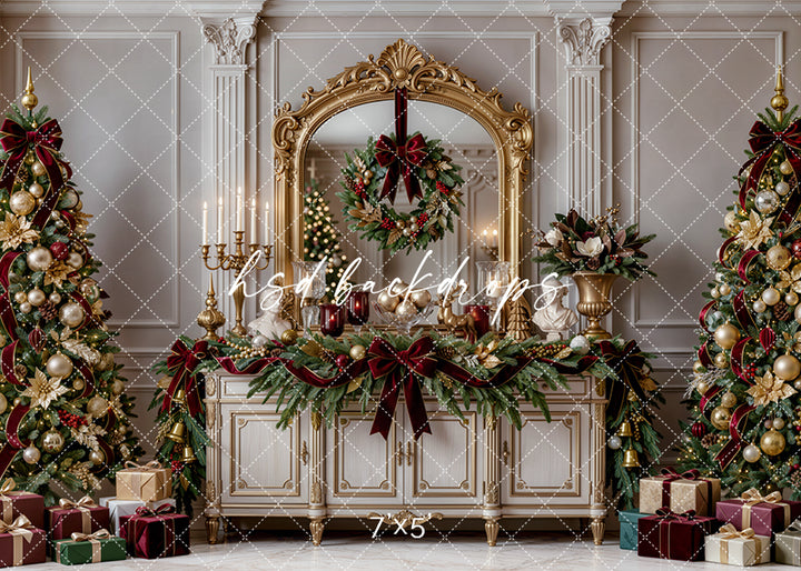 Gilded Christmas Console photography backdrop with ornate gold mirror, ivory console table, decorated Christmas trees, evergreen garland, burgundy ribbons, champagne ornaments, glowing lamps, lanterns, wrapped gifts, and elegant holiday room styling.