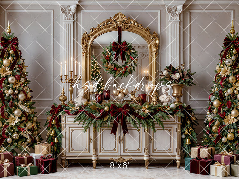 Gilded Christmas Console Photography Backdrop – Elegant Holiday Room Scene | HSD Backdrops
