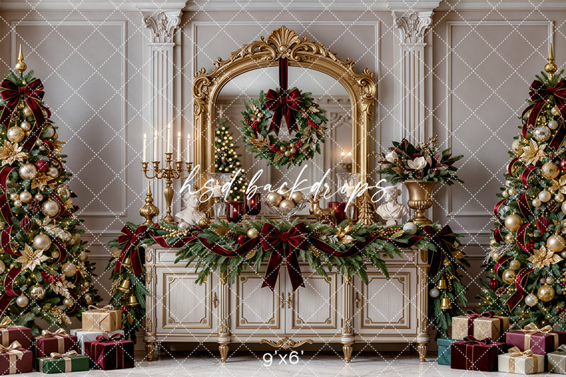 Gilded Christmas Console Photography Backdrop – Elegant Holiday Room Scene | HSD Backdrops