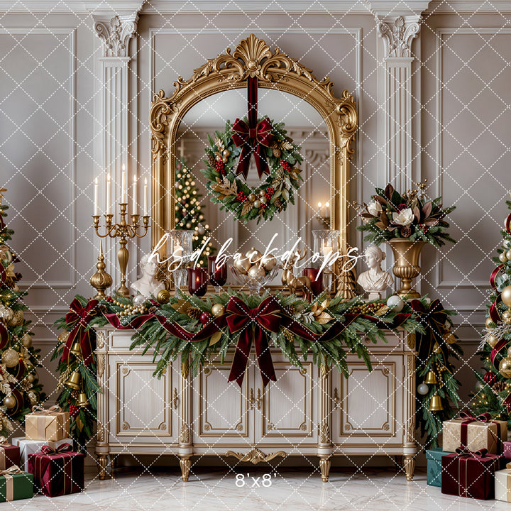 Gilded Christmas Console Photography Backdrop – Elegant Holiday Room Scene | HSD Backdrops