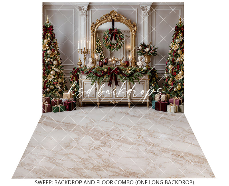 Gilded Christmas Console Photography Backdrop – Elegant Holiday Room Scene | HSD Backdrops