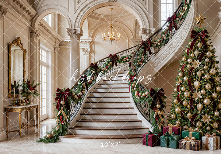 Gilded Christmas Staircase Photography Backdrop – Elegant Holiday Manor Scene | HSD Backdrops