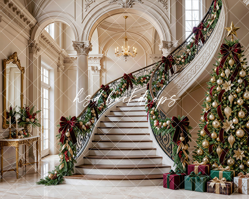 Gilded Christmas Staircase Photography Backdrop – Elegant Holiday Manor Scene | HSD Backdrops