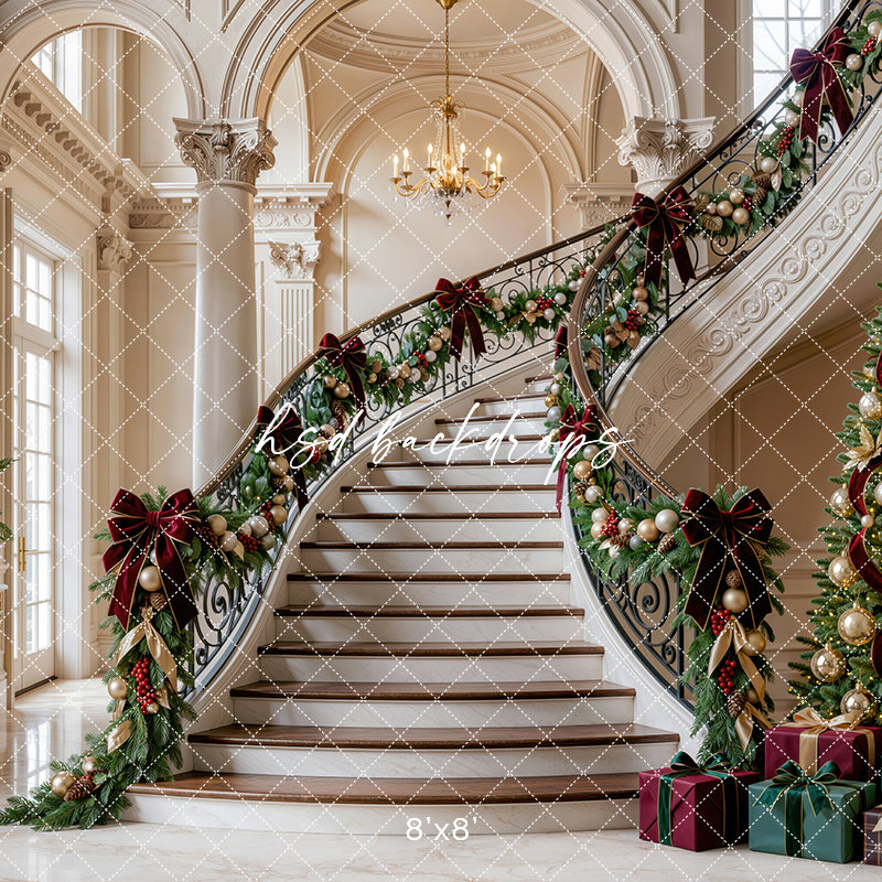 Gilded Christmas Staircase Photography Backdrop – Elegant Holiday Manor Scene | HSD Backdrops