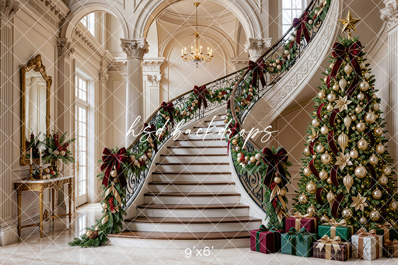 Gilded Christmas Staircase Photography Backdrop – Elegant Holiday Manor Scene | HSD Backdrops