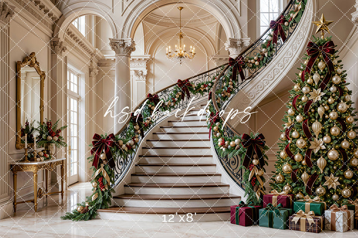 Gilded Christmas Staircase Photography Backdrop – Elegant Holiday Manor Scene | HSD Backdrops