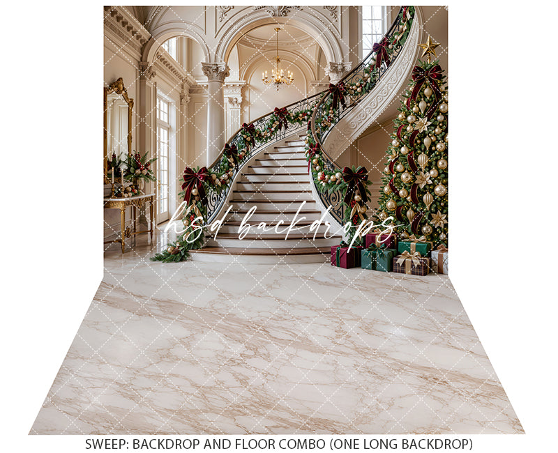 Gilded Christmas Staircase Photography Backdrop – Elegant Holiday Manor Scene | HSD Backdrops
