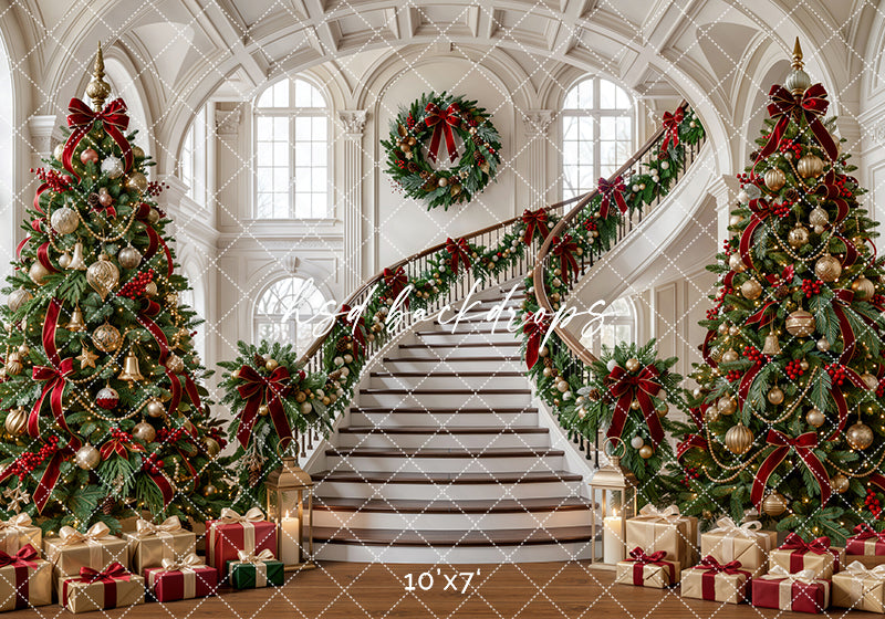 Evergreen Manor Staircase Photography Backdrop – Classic Christmas Studio Scene | HSD Backdrops