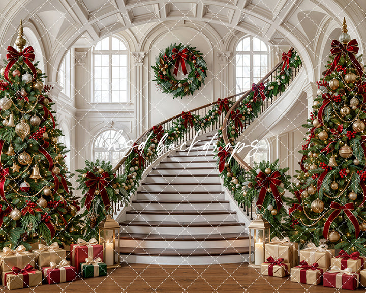 Evergreen Manor Staircase Photography Backdrop – Classic Christmas Studio Scene | HSD Backdrops