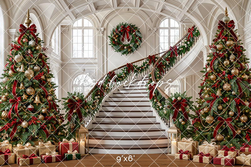 Evergreen Manor Staircase Photography Backdrop – Classic Christmas Studio Scene | HSD Backdrops