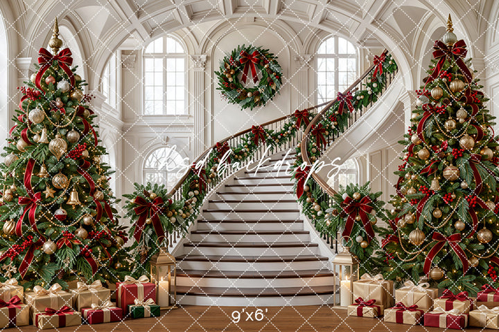 Evergreen Manor Staircase Photography Backdrop – Classic Christmas Studio Scene | HSD Backdrops