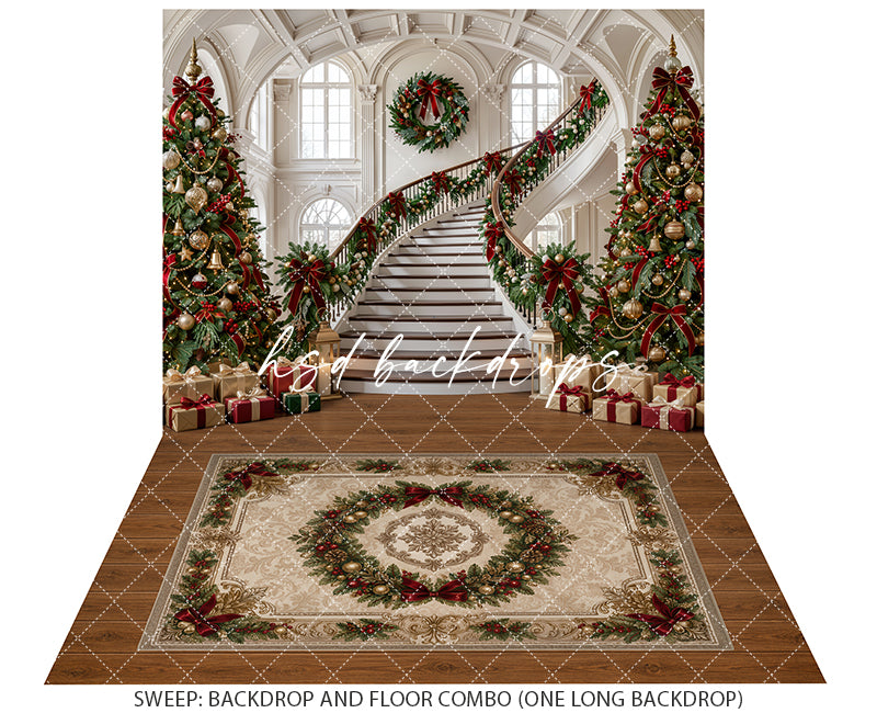 Evergreen Manor Staircase Photography Backdrop – Classic Christmas Studio Scene | HSD Backdrops