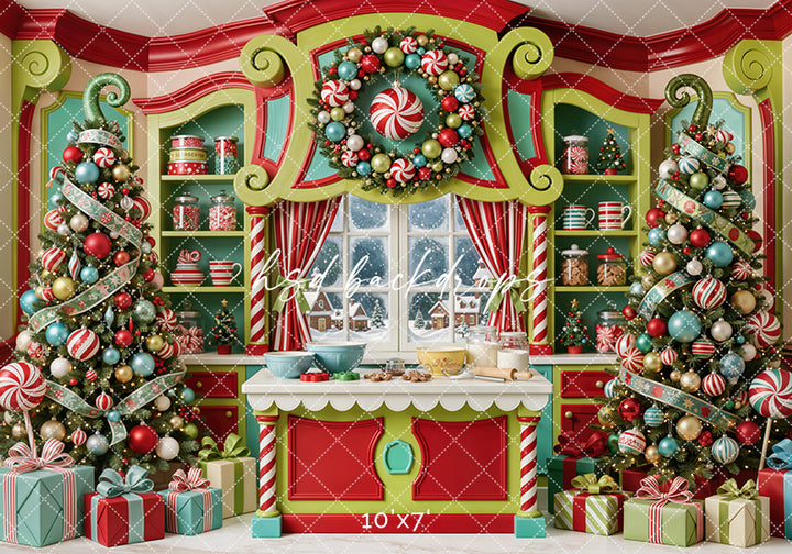 Merryville Candy Kitchen Photography Backdrop – Whimsical Christmas Bake Shop | HSD Backdrops