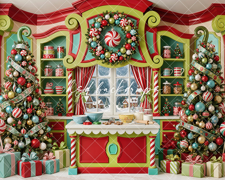 Merryville Candy Kitchen Photography Backdrop – Whimsical Christmas Bake Shop | HSD Backdrops