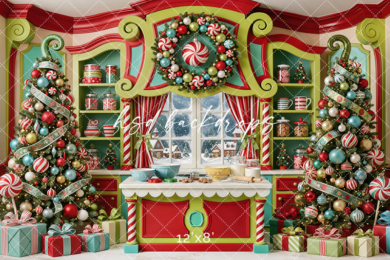 Merryville Candy Kitchen Photography Backdrop – Whimsical Christmas Bake Shop | HSD Backdrops